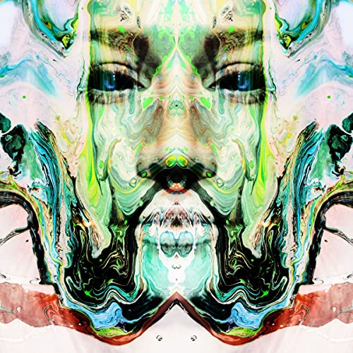 Symmetrical, abstract portrait in swirling greens, blues, and black paint.