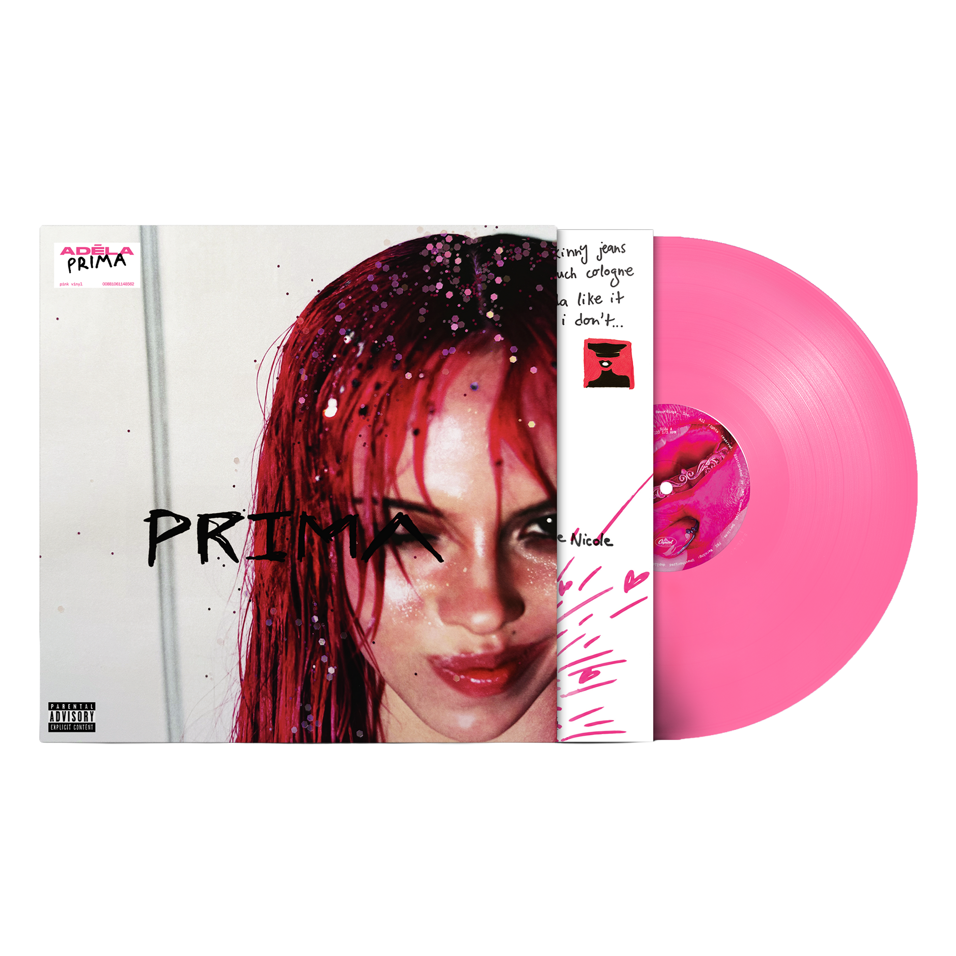 Adela’s “PRIMA” CD and pink vinyl record with a portrait of a woman.
