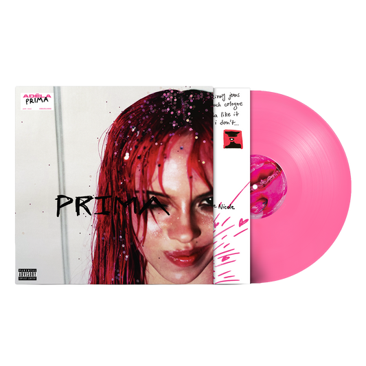 Adela’s “PRIMA” CD and pink vinyl record with a portrait of a woman.