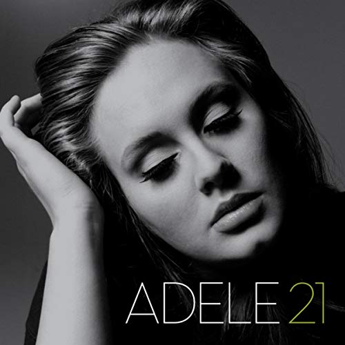 Black and white portrait of Adele, album cover for “21”.
