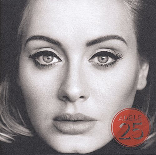 Adele's album cover: black and white portrait with red "25" circle.