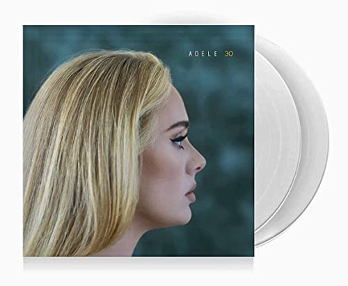 Adele’s “30” album cover and a white vinyl record shown together.