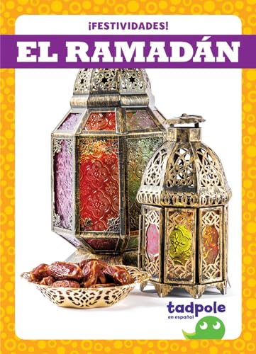 Ramadan book cover with ornate lanterns and dates on a plate.