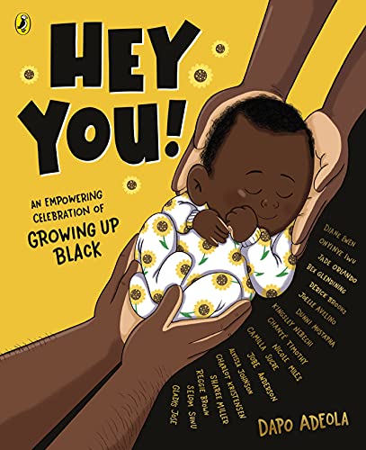 Book cover: illustrated Black baby held in protective hands, sunflowers.
