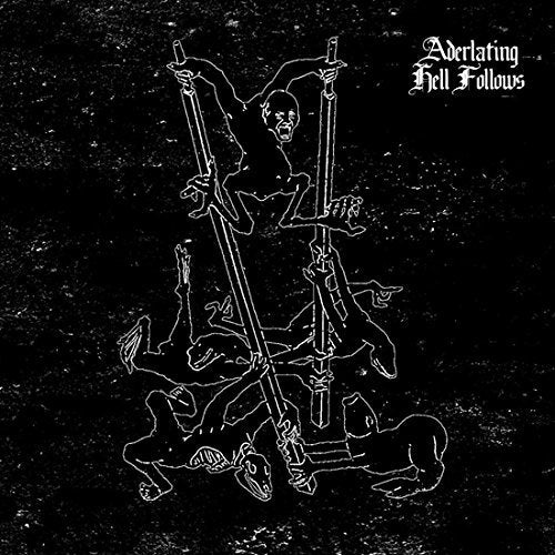 Black and white sketch of figures impaled on spikes, album cover.