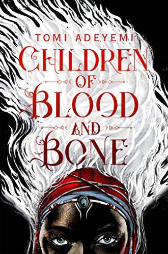 Book cover with red title text over a person with white hair on black background.