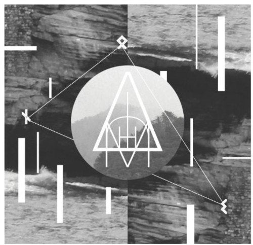A vinyl record cover with a geometric logo on a rocky background.
