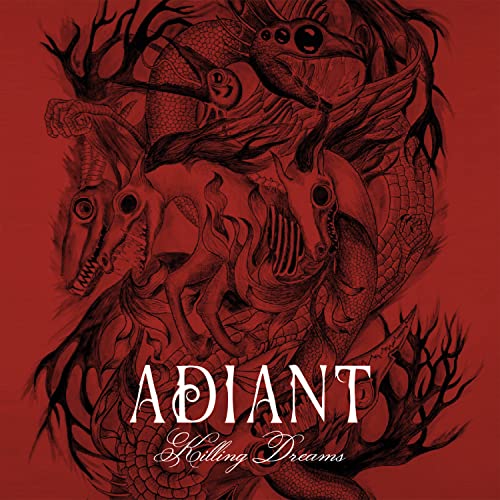 Dark, intricate illustration of monstrous creatures on a red background.