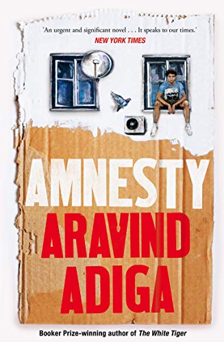 Book cover: “Amnesty” by Aravind Adiga, featuring windows and a man.
