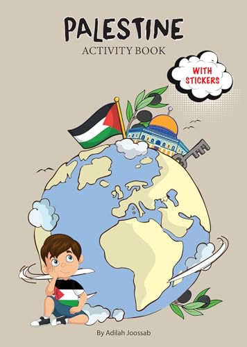 Palestine" activity book cover with a globe, flag, and child illustration.