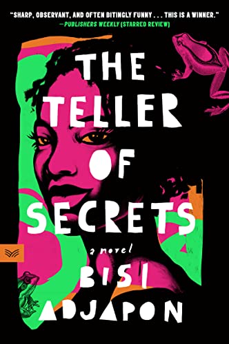 Book cover: woman’s face with bold pink and green abstract design.