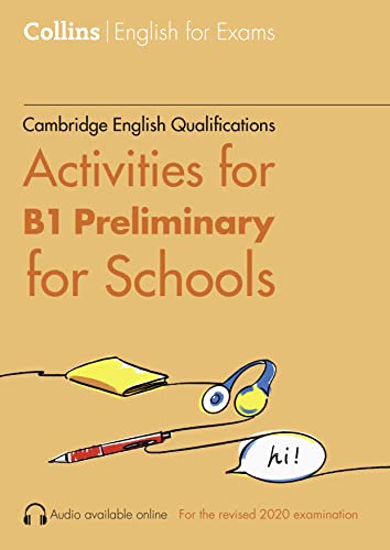 Orange book cover with school supplies and "Activities for B1 Preliminary for Schools".