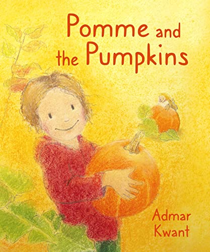 Child holding a large pumpkin with a small fairy on another.