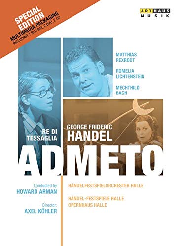 Alt text: DVD cover for "Admeto" featuring three blue-tinted portraits and a gold background section.