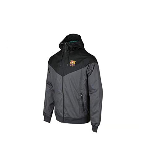 Black and grey FC Barcelona branded athletic jacket on white background.