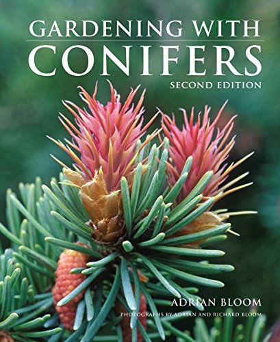 Book cover: "Gardening with Conifers" featuring a close-up of conifer branches.