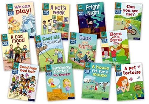Twelve colorful children’s phonics books with illustrated covers, laid out flat.