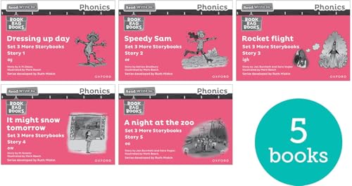 Five pink and white "Read Write Inc." phonics storybooks for early readers.