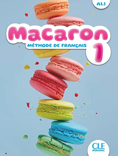 Textbook cover titled Macaron 1 featuring a vertical stack of colorful macarons on blue.