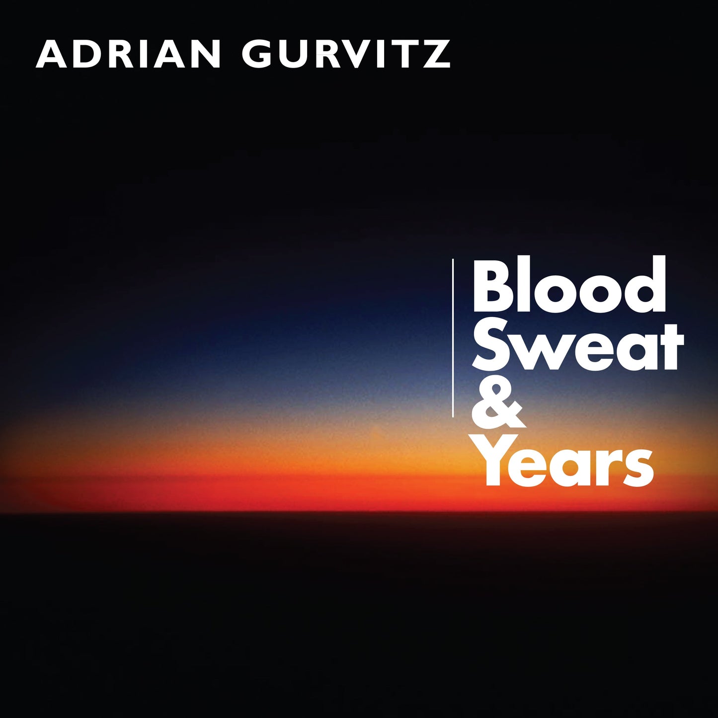Album cover for Adrian Gurvitz’s “Blood, Sweat & Years” with sunset colors.