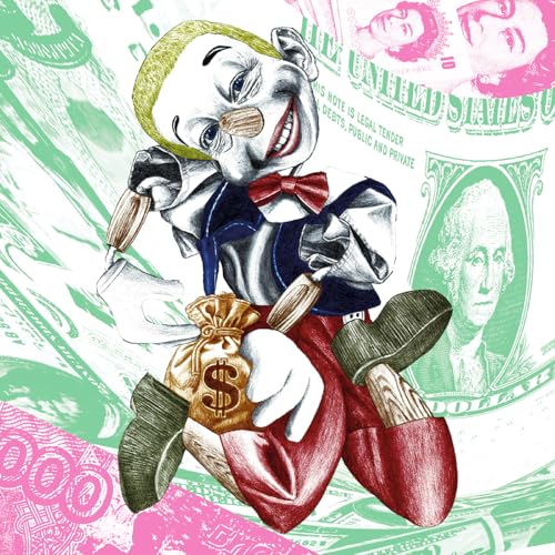 Stylized illustration of a clown with a money bag, surrounded by currency.