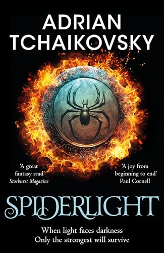 Book cover for Spiderlight by Adrian Tchaikovsky featuring a spider icon surrounded by flames.
