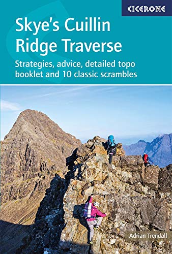 Book cover showing hikers scrambling on the rocky Skye Cuillin Ridge under blue sky.