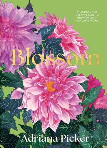 Book cover with pink dahlias and green leaves on a lime green background.
