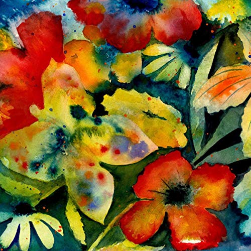 Abstract watercolor painting featuring vibrant red, yellow, and green floral shapes on dark background.