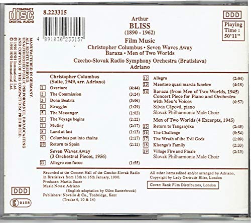 CD back cover with tracklist for Arthur Bliss film music by Slovak Radio Orchestra.