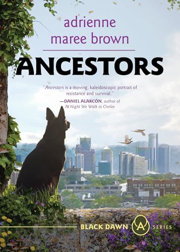 Book cover: “Ancestors” features a dog, birds, and a city skyline.
