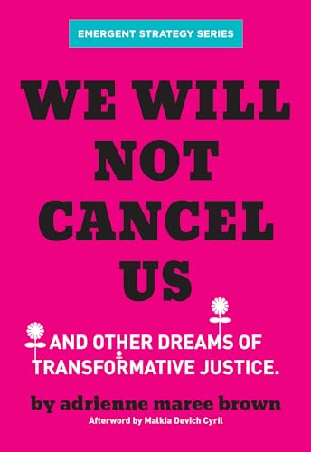 Book cover with bright pink background, black text, and two small white flower illustrations.