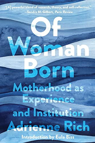 Book cover: “Of Woman Born” by Adrienne Rich, with blue watercolor waves.