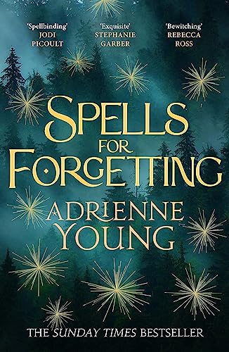 Book cover for Spells for Forgetting featuring gold text over a dark misty forest.