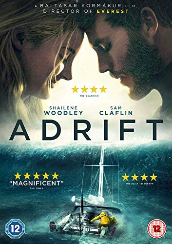 Adrift" DVD cover featuring Shailene Woodley, Sam Claflin, and a small sailboat.