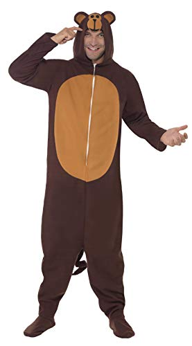 Man wearing a full-body brown bear costume with a hood.