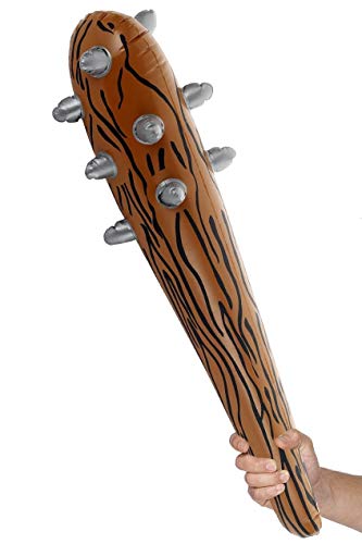 Inflatable club with silver studs, woodgrain pattern, held in a hand.