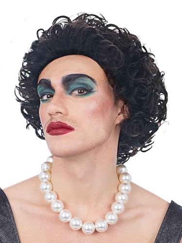 Black, curly Frank-N-Furter wig worn with makeup and pearl necklace.