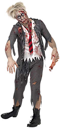 Zombie schoolboy costume with torn clothes and bloody makeup, full body view.