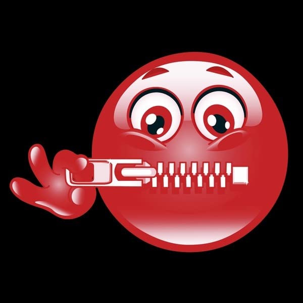 Red emoji face with a zipper over its mouth, shushing gesture.