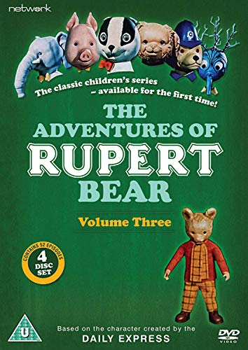 DVD cover for "The Adventures of Rupert Bear, Volume Three" with cartoon characters on green background.