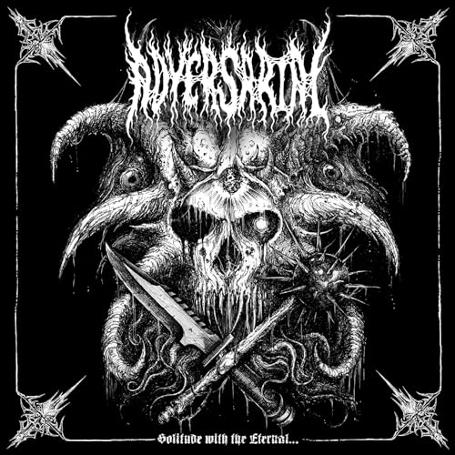 Black and white album cover featuring a demonic, skull-like creature with knives.