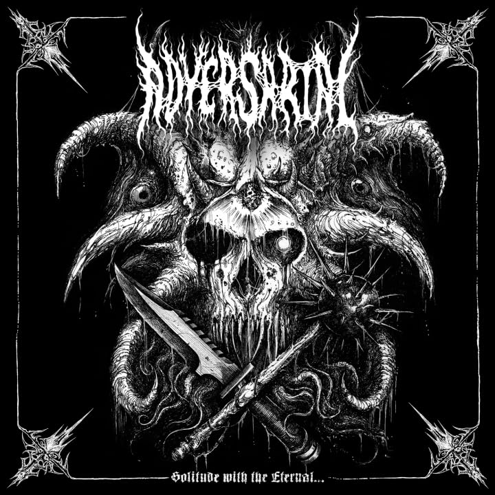 Black and white album cover depicting a monstrous, horned skull with daggers.