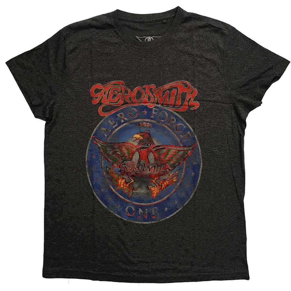 White t-shirt with Aerosmith’s “Aero Force One” logo on the front.