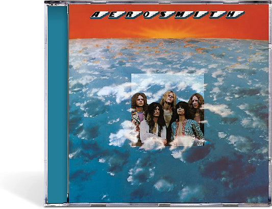 Aerosmith’s debut album CD case with band photo over a cloudy sky.