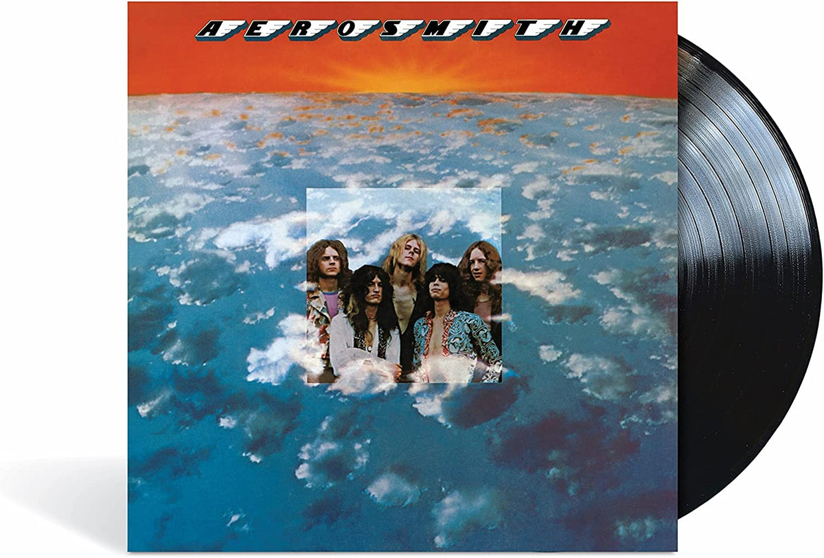 The alt text for the image is: "Vinyl record with Aerosmith album cover featuring the band members."