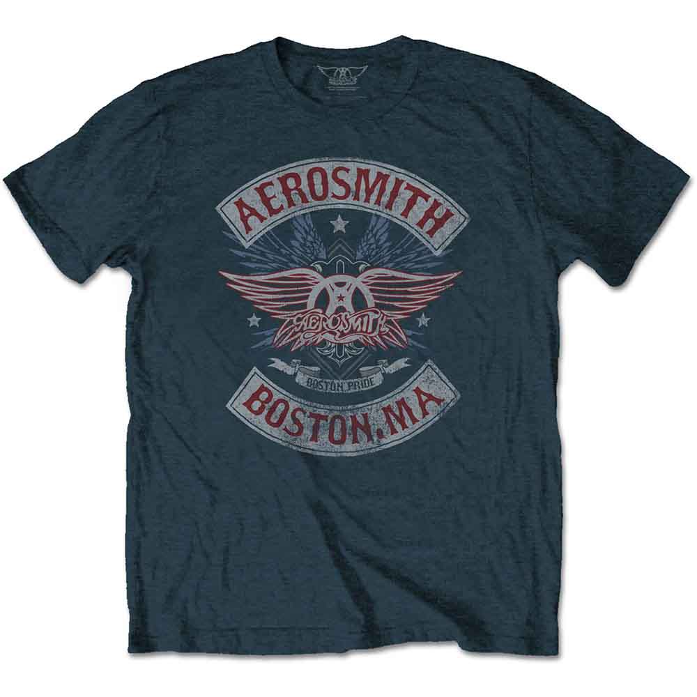 Dark blue Aerosmith t-shirt with band logo and “Boston, MA” text.