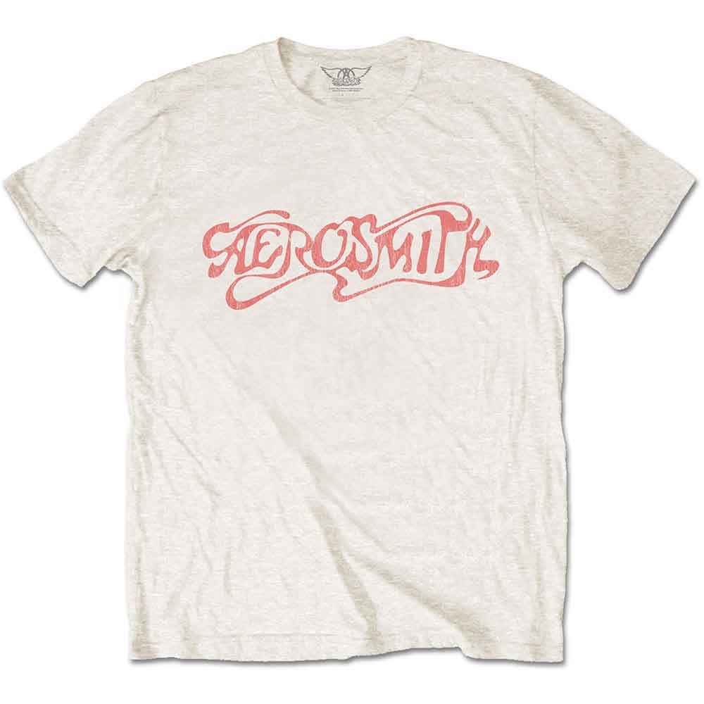 Beige t-shirt with red Aerosmith logo centered on the chest.