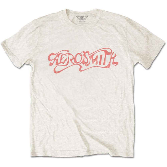 Beige t-shirt with red Aerosmith logo centered on the chest.