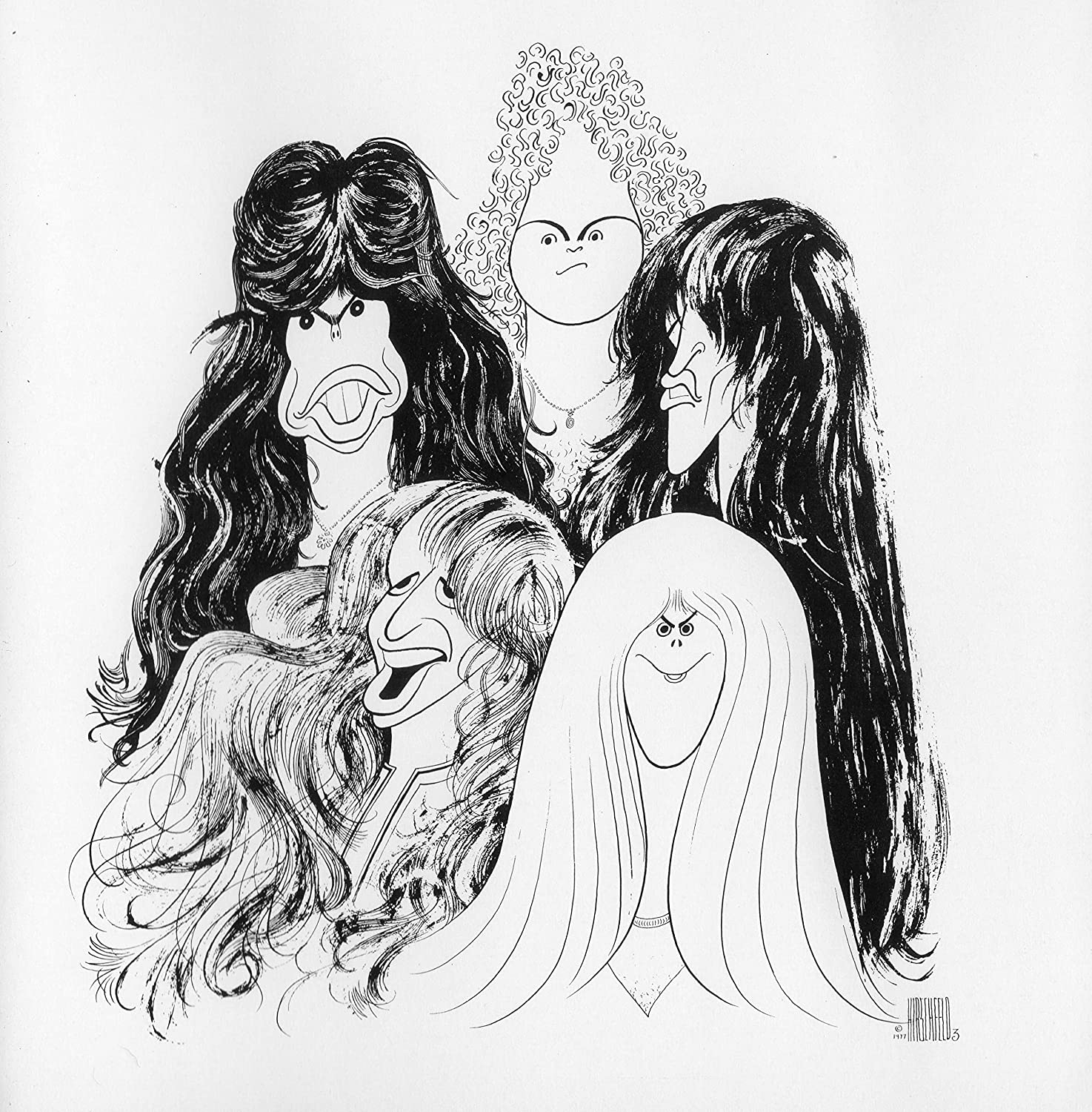 Black and white caricature of Aerosmith band members with long hair.